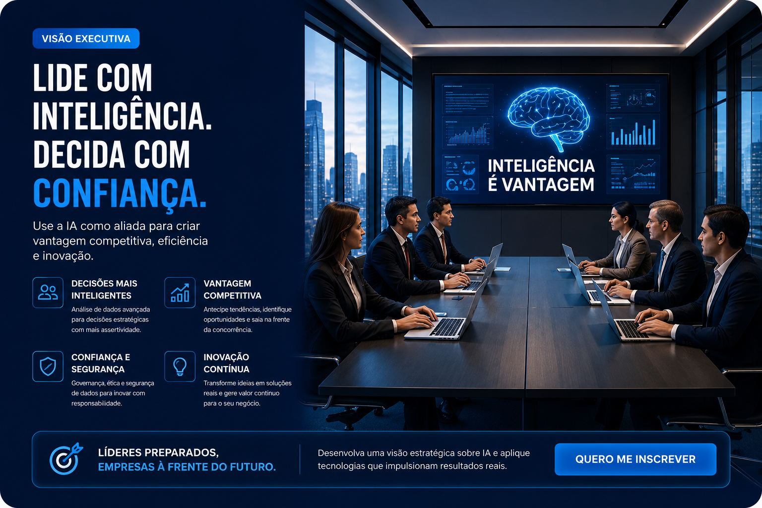Visão executiva: líderes em reunião usando IA para decisão com confiança